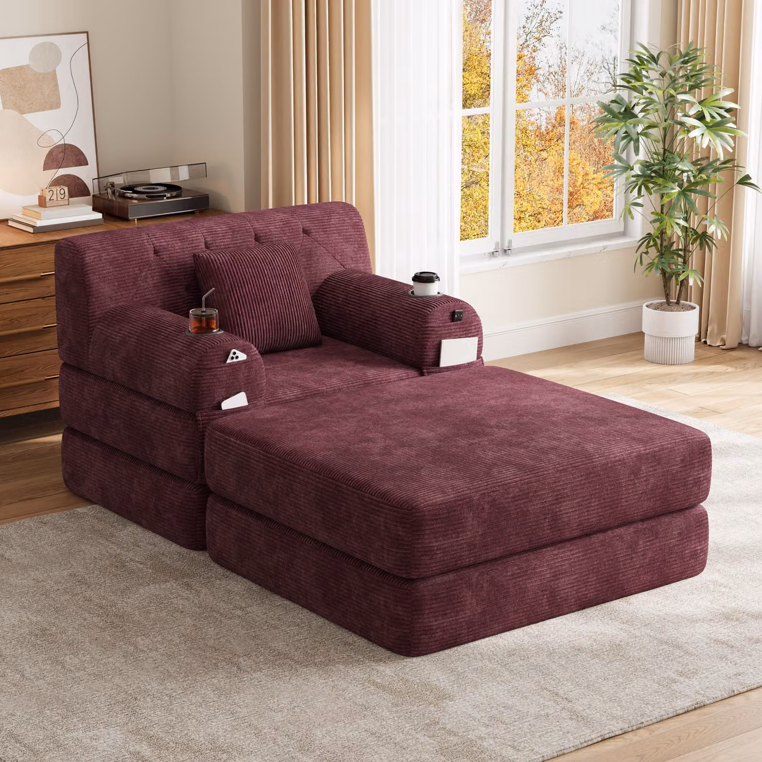 Divano letto MODFU rivestito in tessuto corduroy, divano lounge trasformabile in letto per ospiti, con schienale alto, 4 tasche e 2 portabicchieri, colore rosso