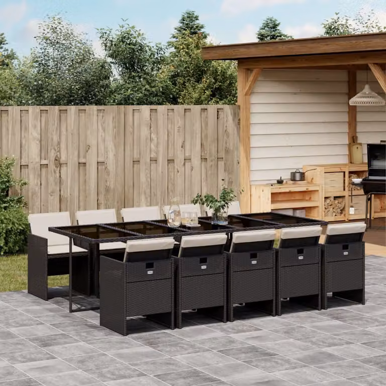 vidaXL Set da Pranzo da Giardino 11 pz in Polyrattan con Piano in Vetro e Cuscini Nero e Bianco