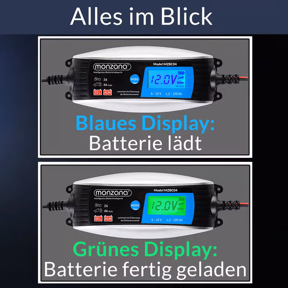 Caricatore batteria auto Monzana 6V/12V DC 4A/2A con display LCD multicolore – 3