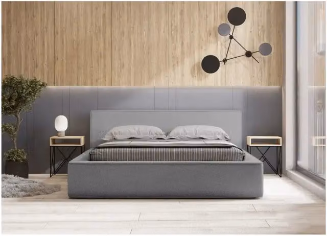 Letto contenitore VELORA Meublorama in tessuto bouclé color sabbia e grigio con rete sollevabile L/P/H: 180 x 200 x 240 cm