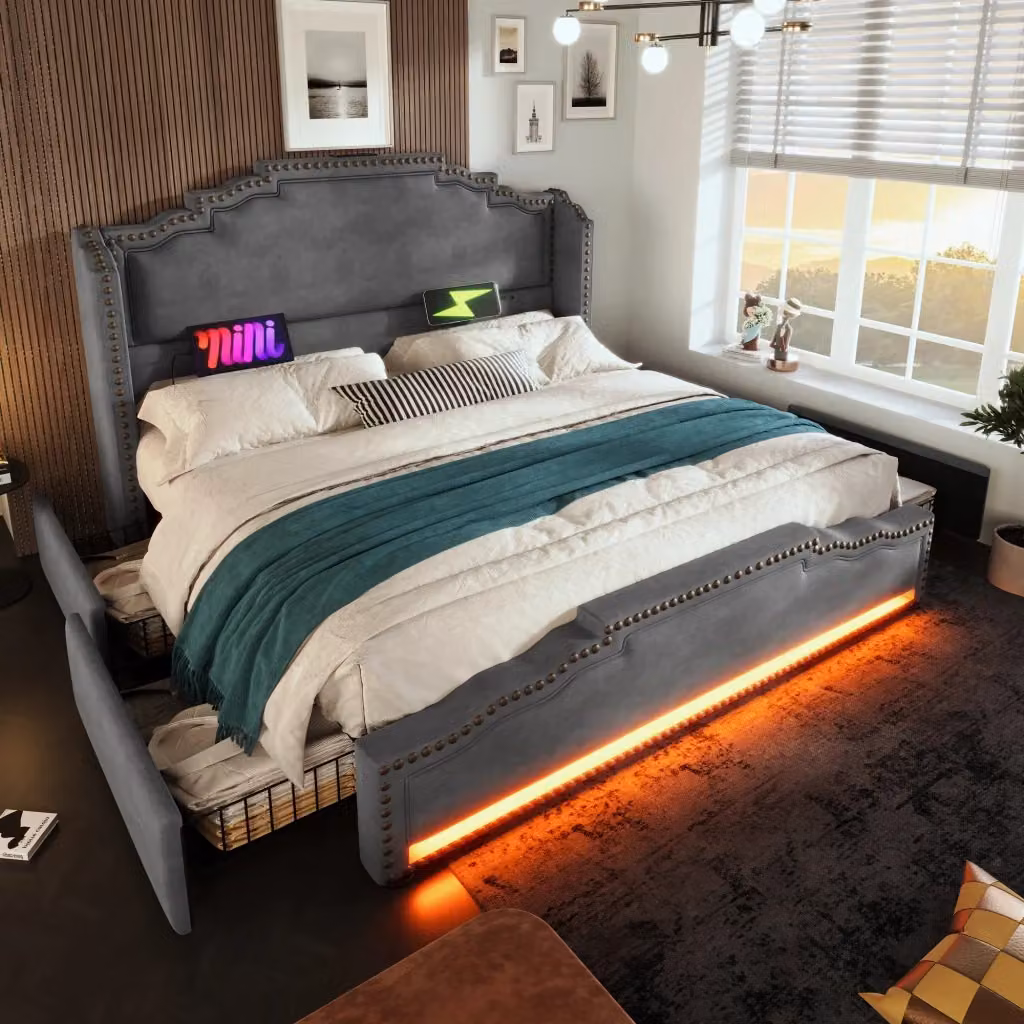 Letto Mivray moderno in velluto grigio con 4 cassetti, illuminazione LED e porte di ricarica USB e Type-C, L/P: 180 x 200 cm – 2