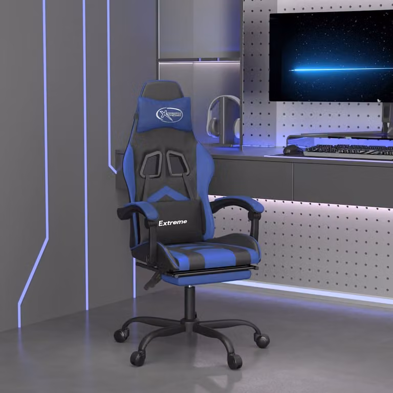 Sedia da Gaming vidaXL con Poggiapiedi, Colore Nero e Blu, in Similpelle con Braccioli e Ruote, Ruotabile a 360 Gradi