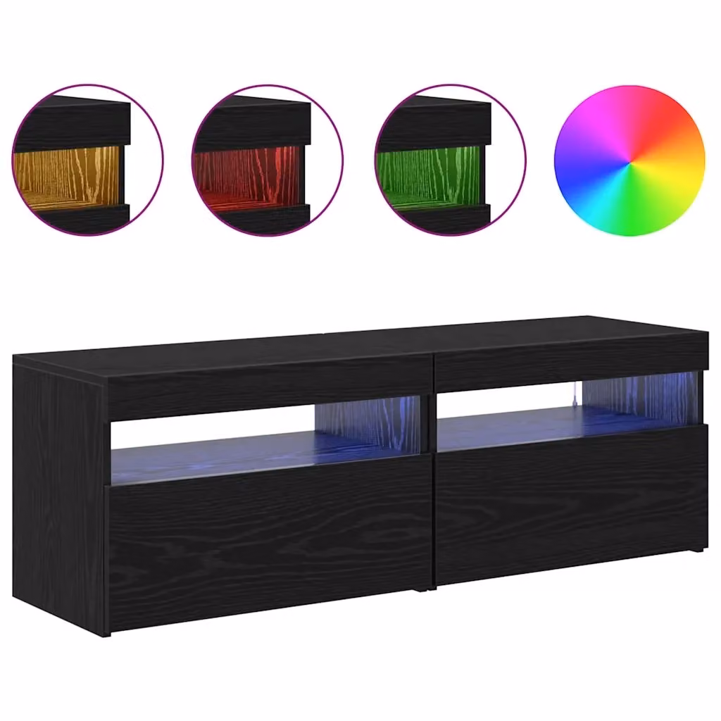 Set di 2 supporti moderni per TV con strisce LED integrate in legno composito di rovere nero, L: 60 cm, P: 35 cm, H: 40 cm – 2