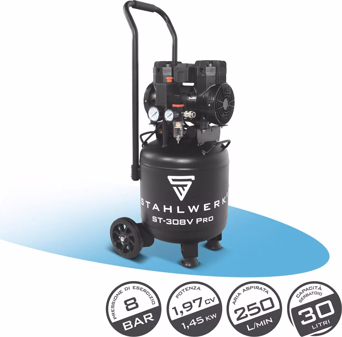 Compressore STAHLWERK con serbatoio da 30 L (ST-308V Pro) - senza olio e silenzioso, 8 bar, compressore d'aria silenzioso con motori brushless, 1,97 hp, 1,45 kW 250 l/min