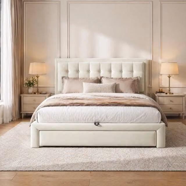 Letto imbottito moderno con contenitore a sollevamento in velluto beige – 1