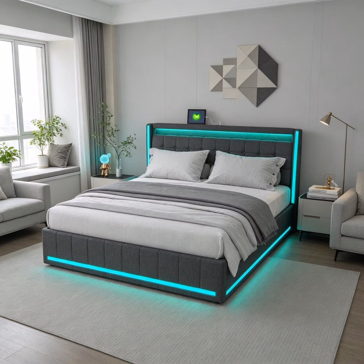Letto imbottito INONEFT, 160x200 cm, con luci LED e prese USB, letto a una piazza trasformabile in letto a due piazze, con 4 cassetti, struttura letto con contenitore e rete a doghe, tessuto in lino