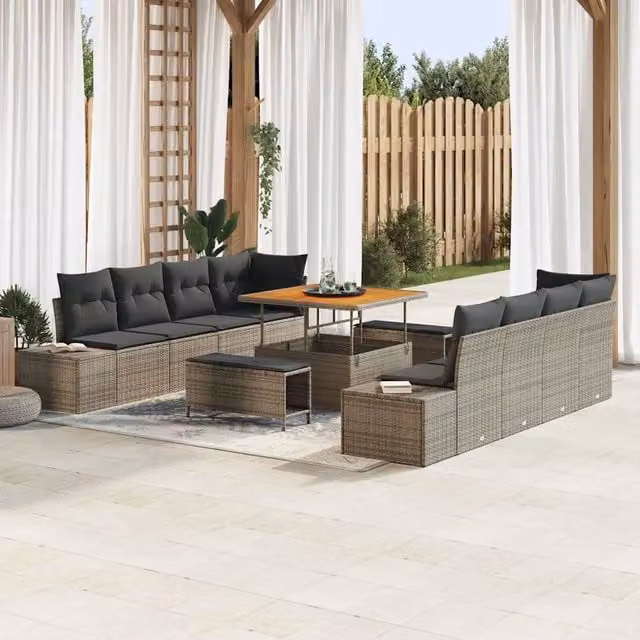 Set Divano da Giardino vidaXL a Forma a U in Polyrattan Grigio con Cuscini e Tavolino da Esterno – 1