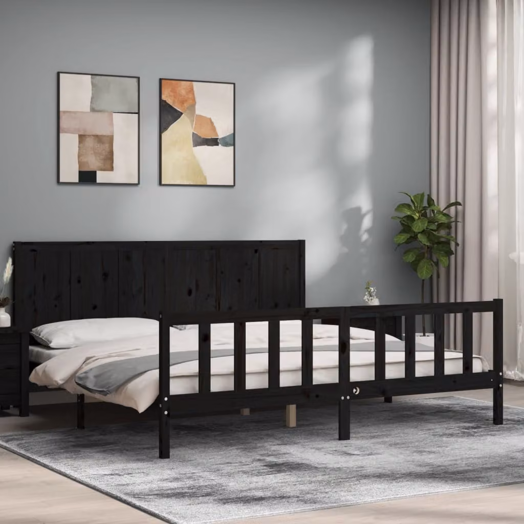 The Living Store Letto in legno massiccio con testiera nera 200x200 cm