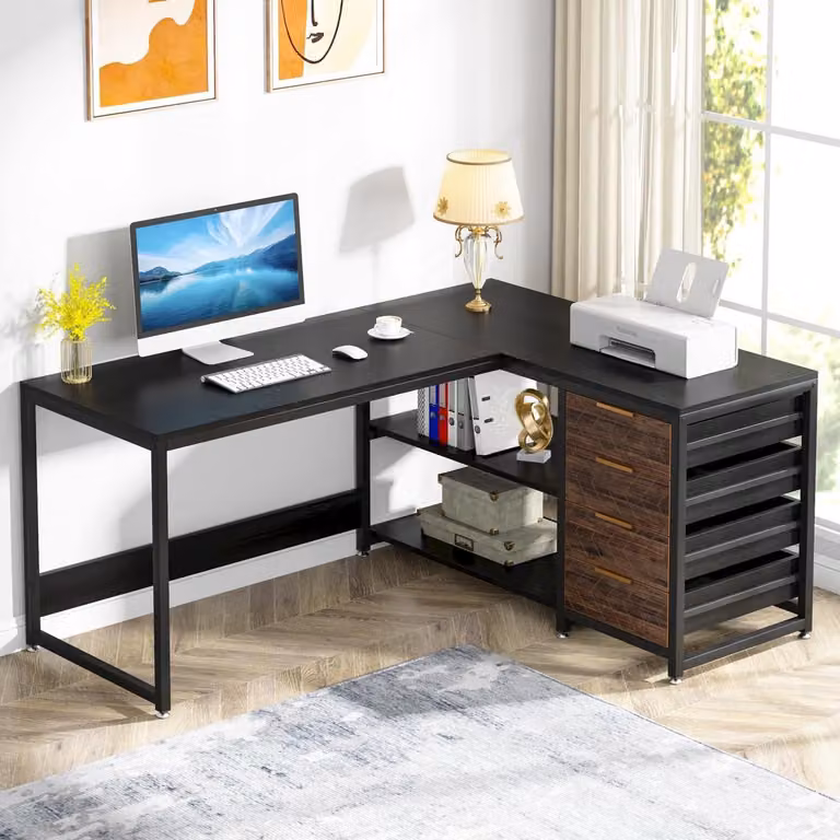 Scrivania a forma di L con 4 cassetti e 2 ripiani, dimensioni 155x110x75 cm, colore nero