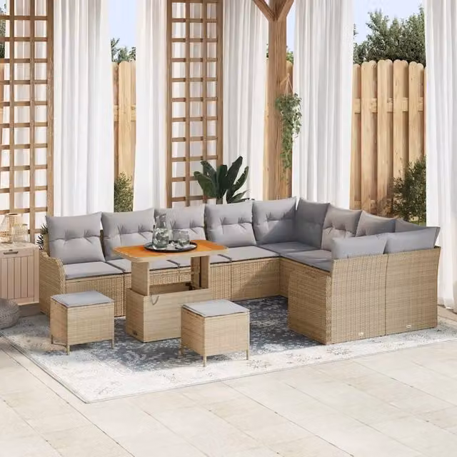 Set Divano da Giardino Moderno vidaXL a Forma a U con Cuscini in Grigio e Beige, Struttura in Acciaio Verniciato a Polvere e Legno di Acacia – 1