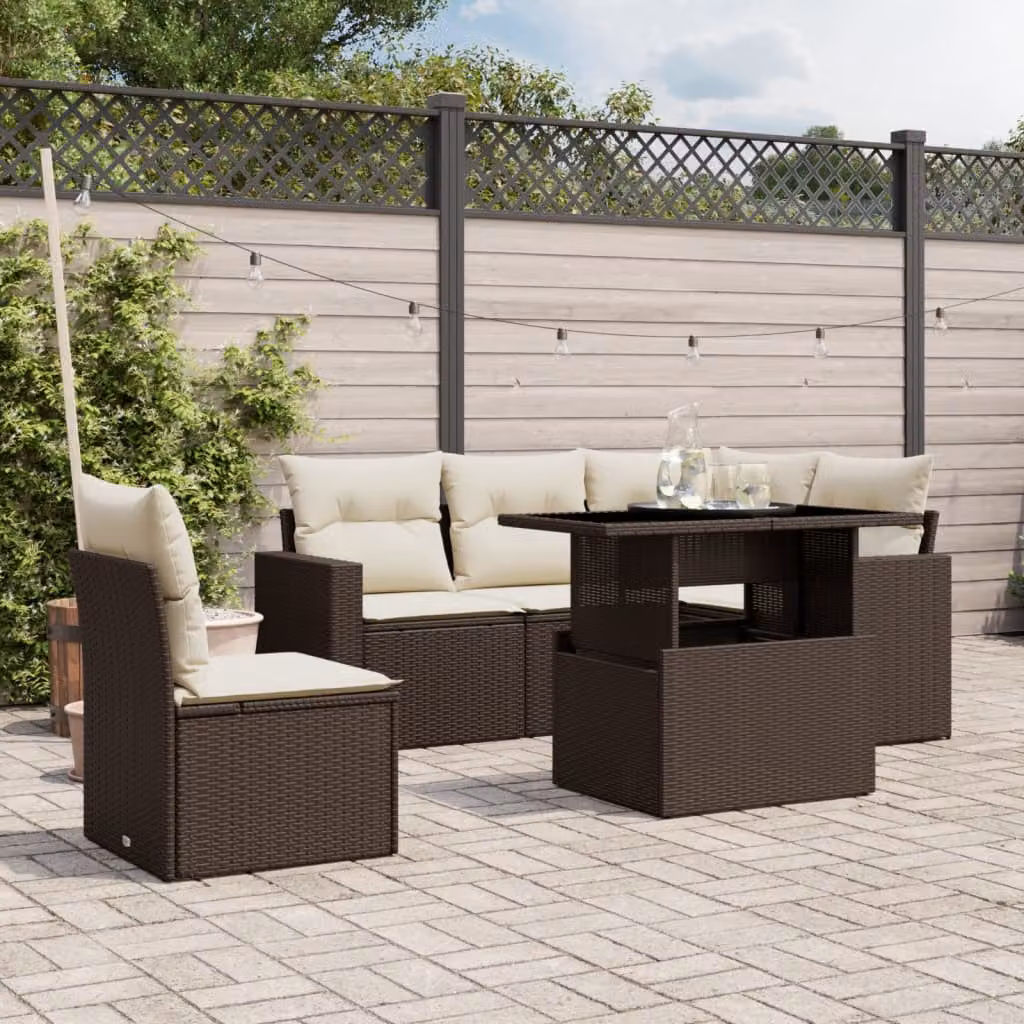 Set Divano da Giardino vidaXL 6 pz a Forma a L in Polyrattan Marrone con Cuscini Bianchi e Tavolino da Esterno – 1