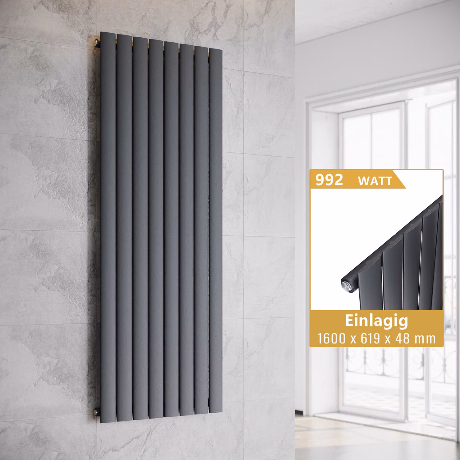 SONNI - Radiatore verticale, pannello radiante, a uno strato, colore antracite, dimensioni 1600x619 mm, senza resistenza riscaldante