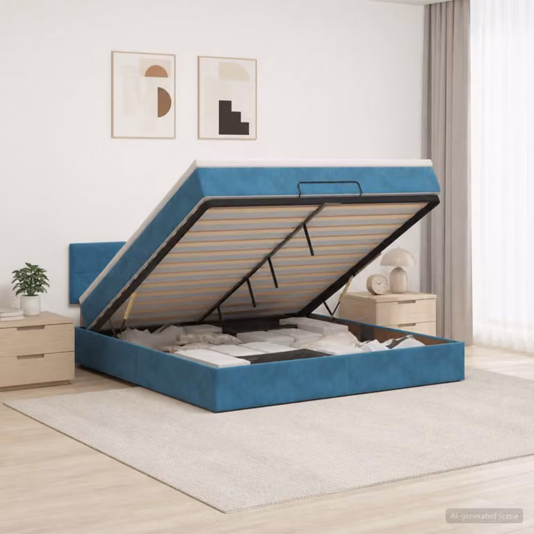 Letto ottomano con materasso vidaXL in velluto blu scuro, L/P/H: 190 x 140 x 88 cm