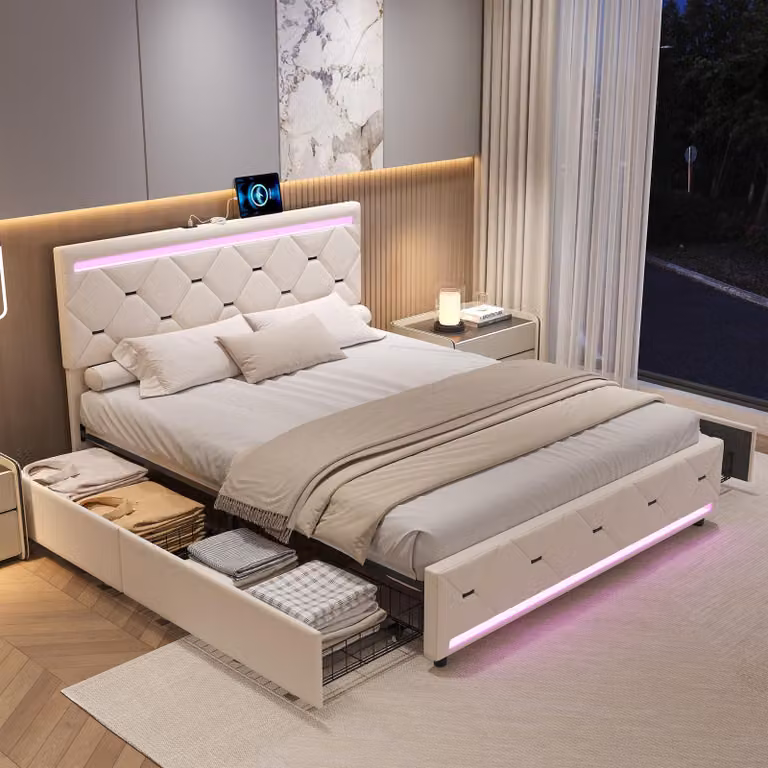 Letto Moonbite con contenitore, dimensioni 160x200 cm, rivestito in velluto beige, 4 cassetti, illuminazione LED e porte USB, imbottitura su tutti i lati