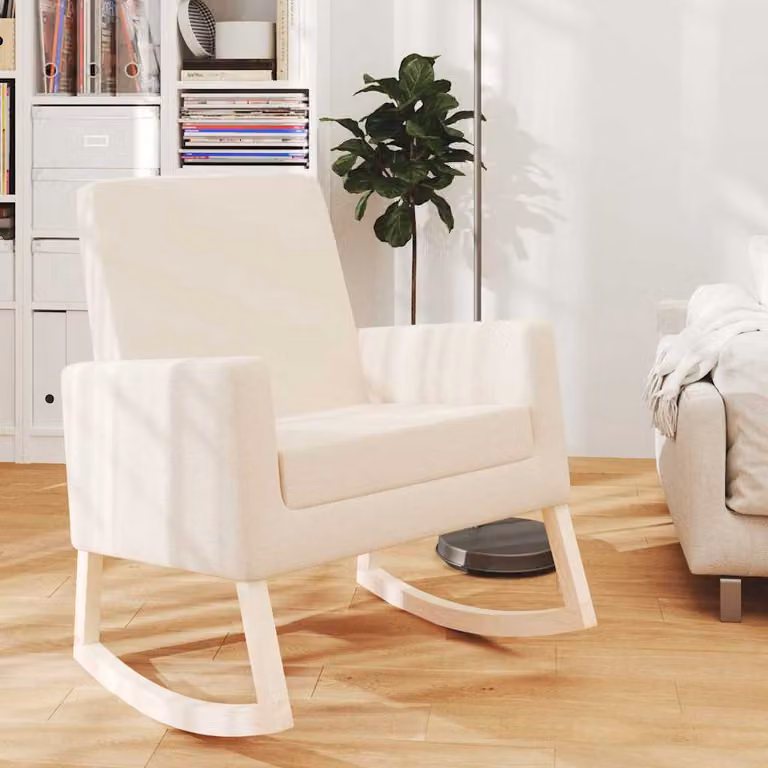 Sedia a dondolo vidaXL in tessuto beige con braccioli e struttura in legno di gomma, H 110 x L 70 x P 88,5 cm
