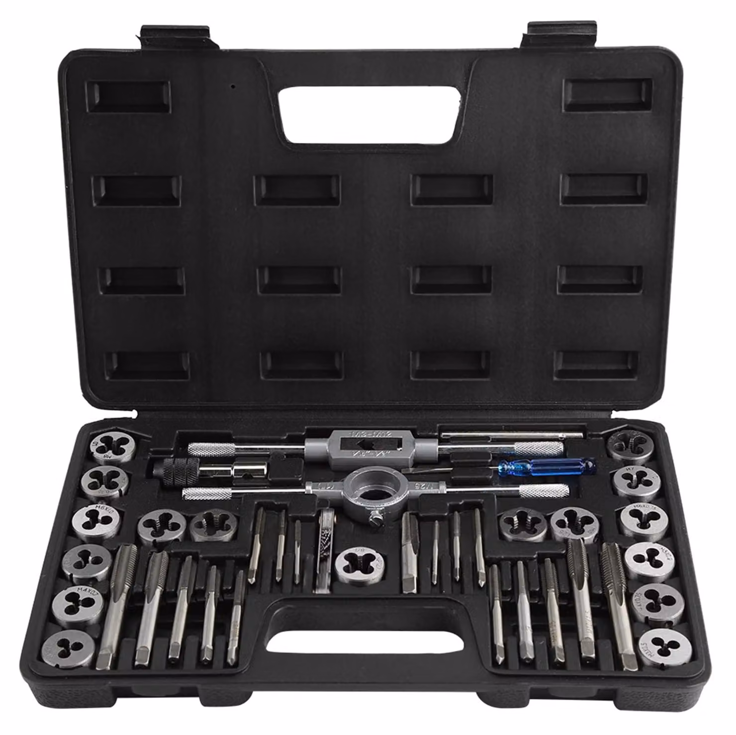 Set di utensili per filettatura di viti a passo fine, composto da 40 pezzi, per filettature da M3 a M12, completo di chiavi e calibro per filetti
