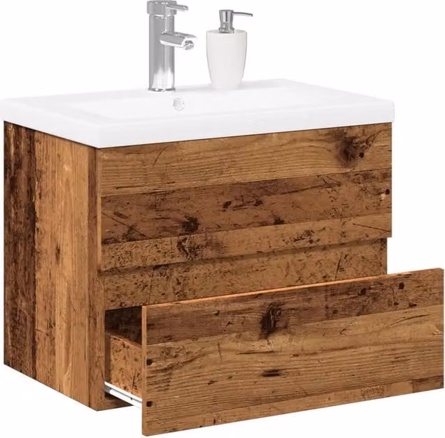 Mobile da bagno sospeso vidaXL in legno e ceramica stile rustico, Bianco e Marrone, L: 60,0 cm, P: 38,5 cm, H: 45,0 cm