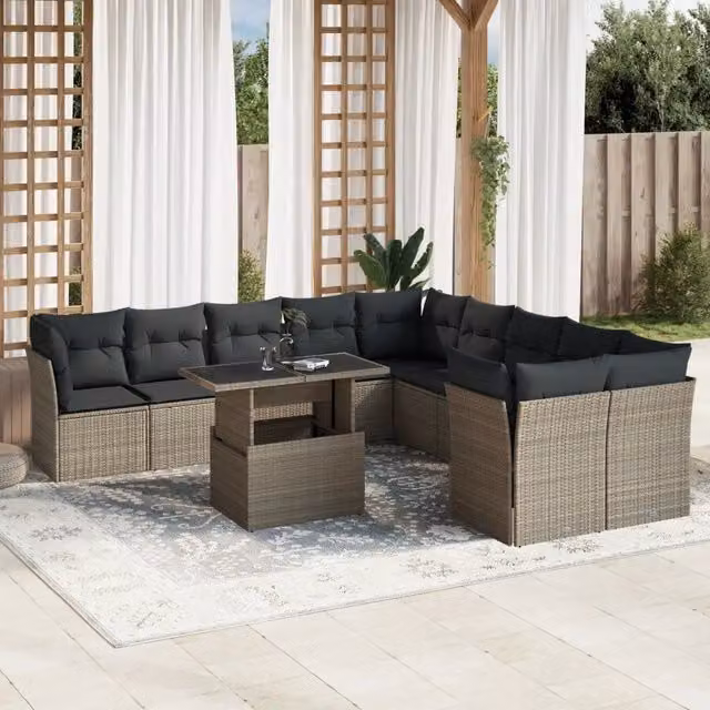 vidaXL Set Divani da Giardino 11 pz a Forma a L con Cuscini Antracite e Tavolino in Vetro