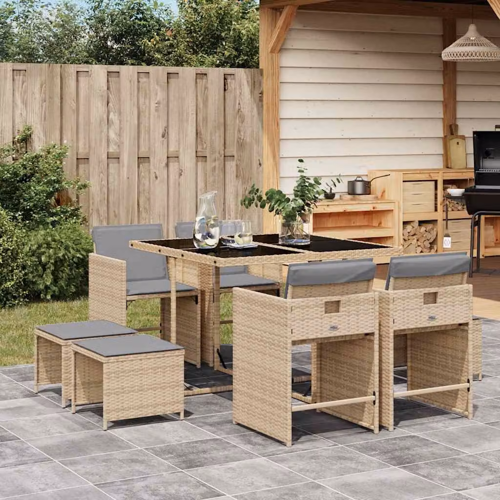 Set Pranzo da Giardino vidaXL in Polyrattan da 9 Pezzi con Cuscini Beige Misto e Tavolo in Vetro – 1