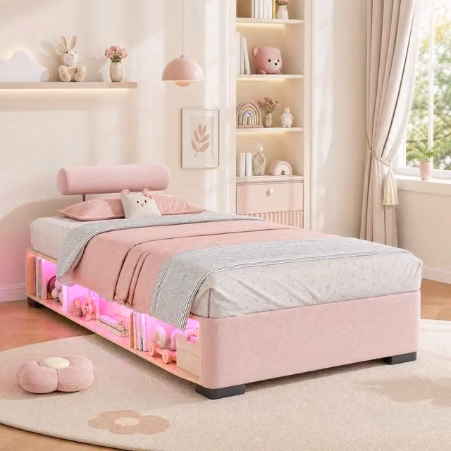 Letto imbottito rosa per bambini 90x200 cm con LED e scaffale laterale, testiere flessibili su 3 lati