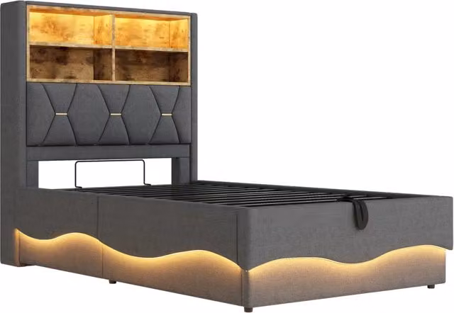 Letto per bambini 90x200 cm con contenitore idraulico, illuminazione LED controllata via app, struttura in metallo e rivestimento in lino grigio