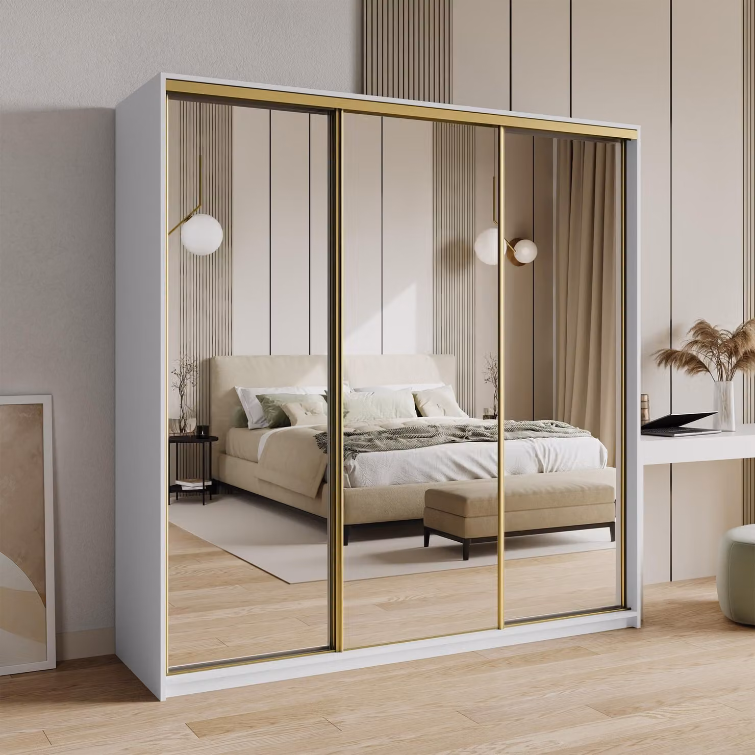 Armadio scorrevole Masseno RIEN 180/205/60 cm Armadio con 4 cassetti Armadio per camera da letto a 3 ante con specchio Bianco