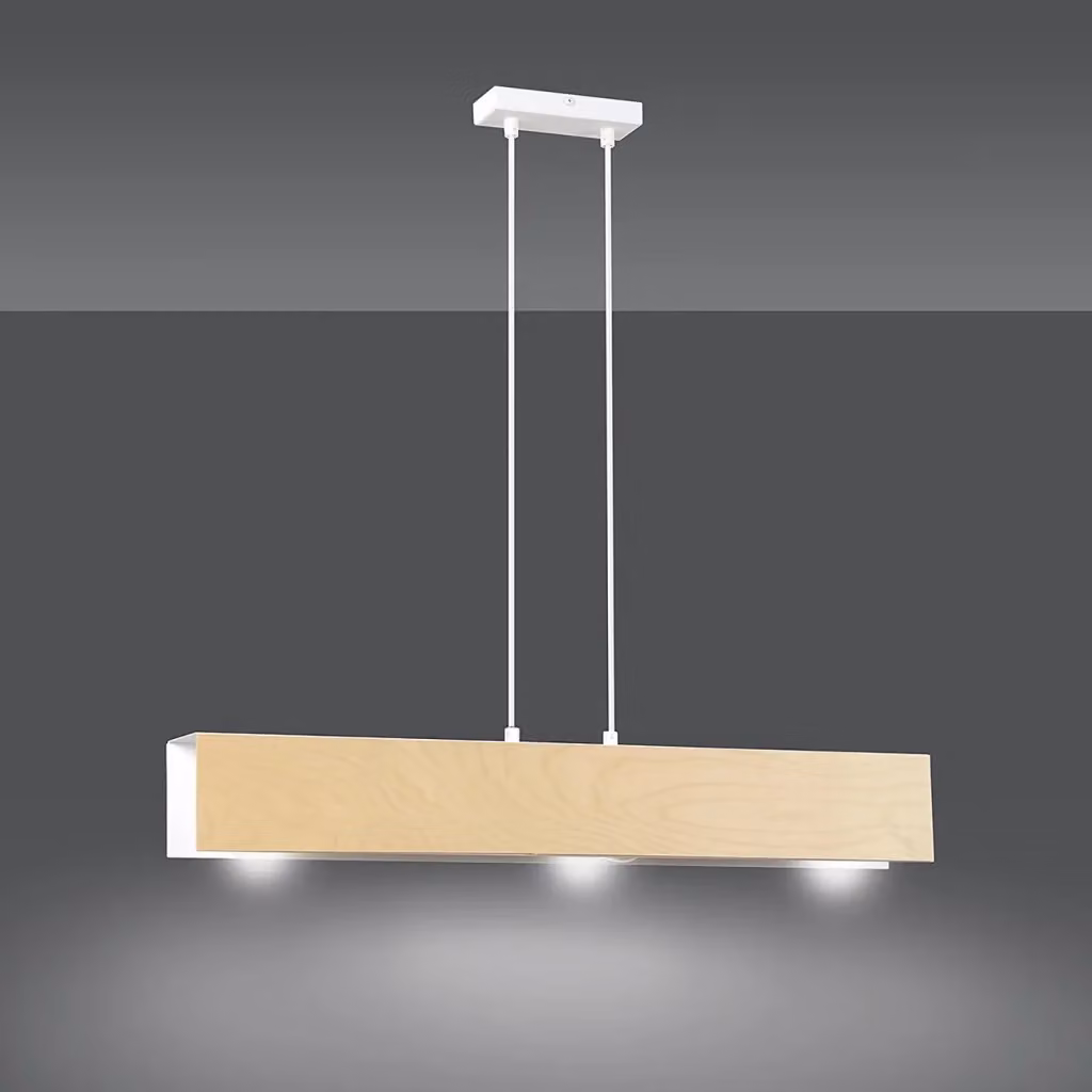 Lampadario a sospensione Luceart-Classic con 3 luci, corpo rettangolare in metallo bianco e legno naturale in stile scandinavo – 2