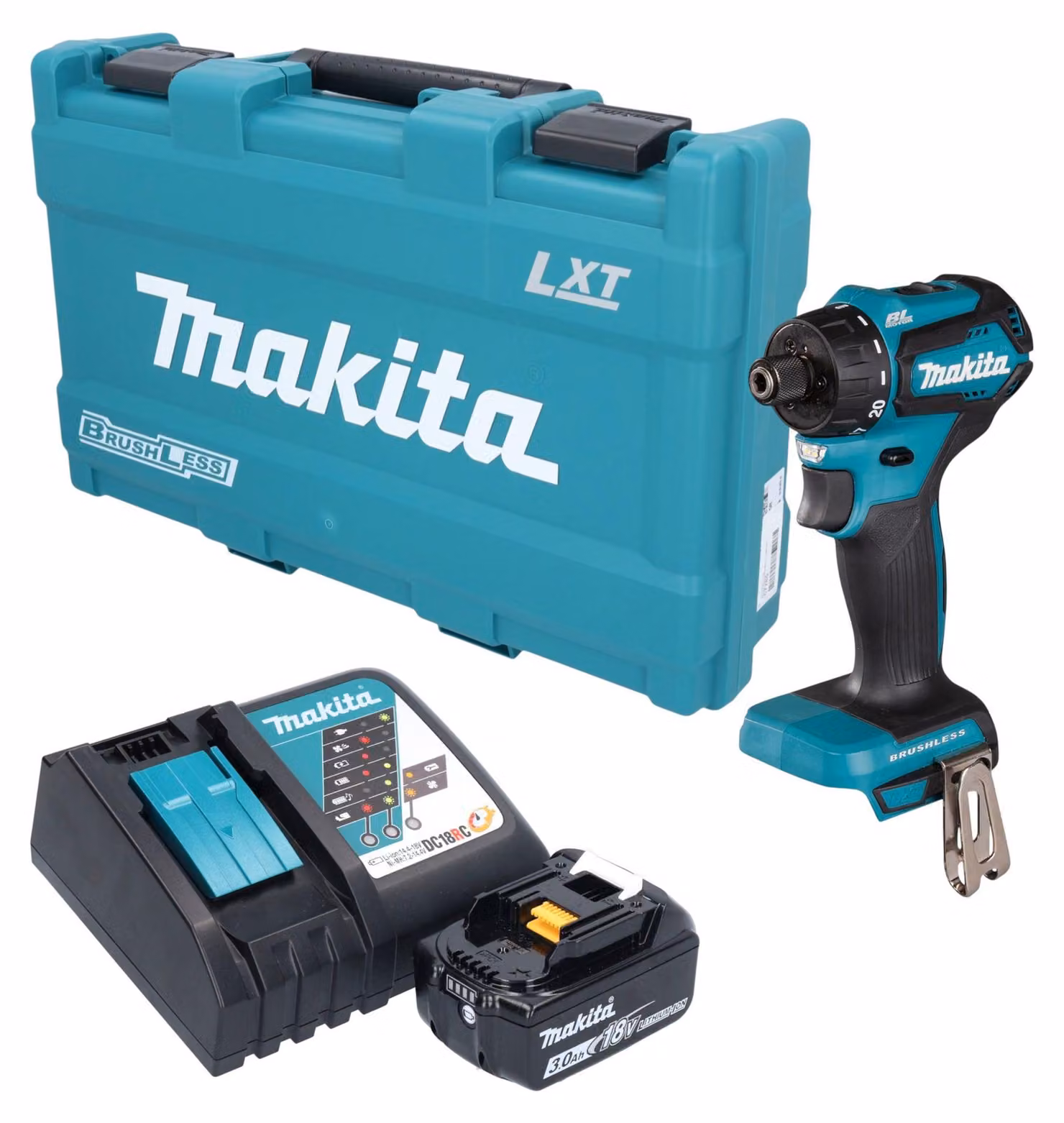 Trapano avvitatore a batteria Makita DDF 083 RF1K 18 V 40 Nm 1/4" brushless + 1 batteria da 3,0 Ah + caricabatterie + valigetta