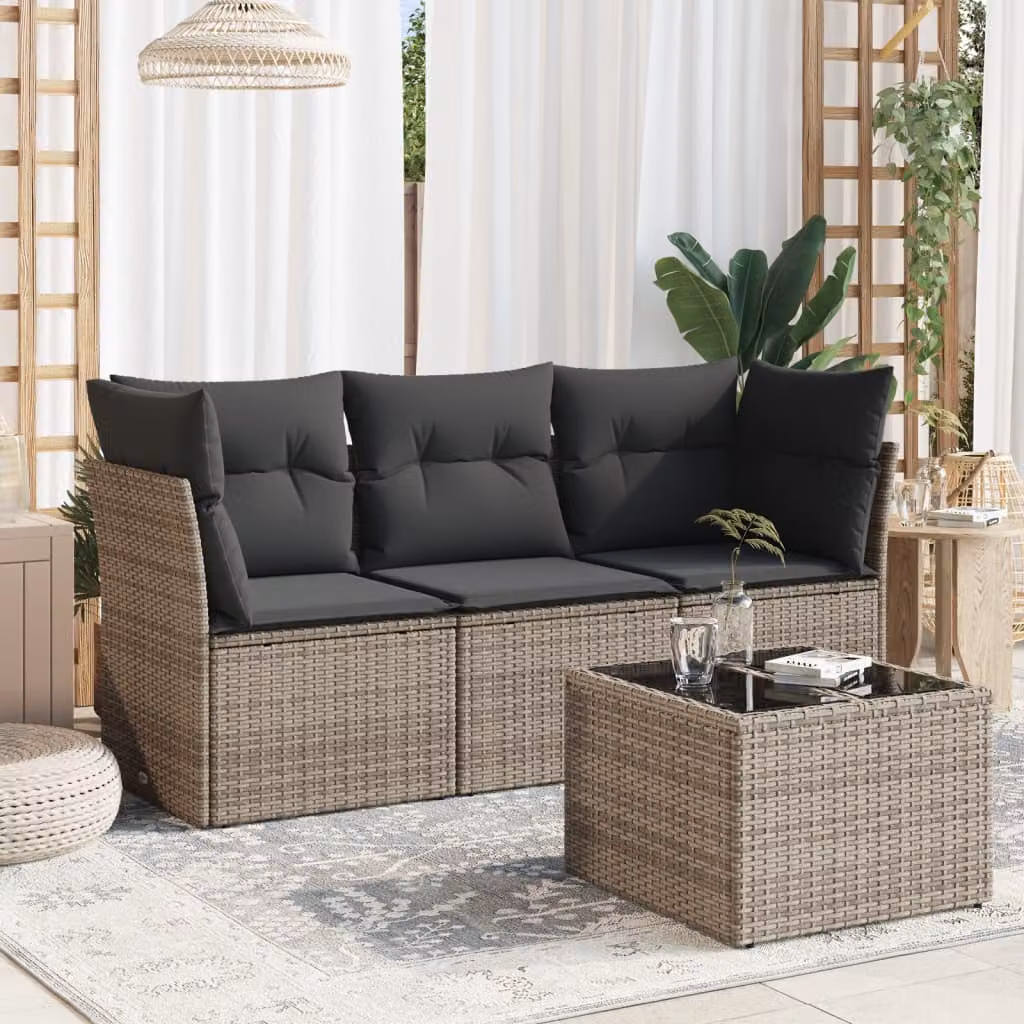 vidaXL Set Divani da Giardino 4 pz a Forma L con Tavolino in Vetro e Cuscini Grigio – 1