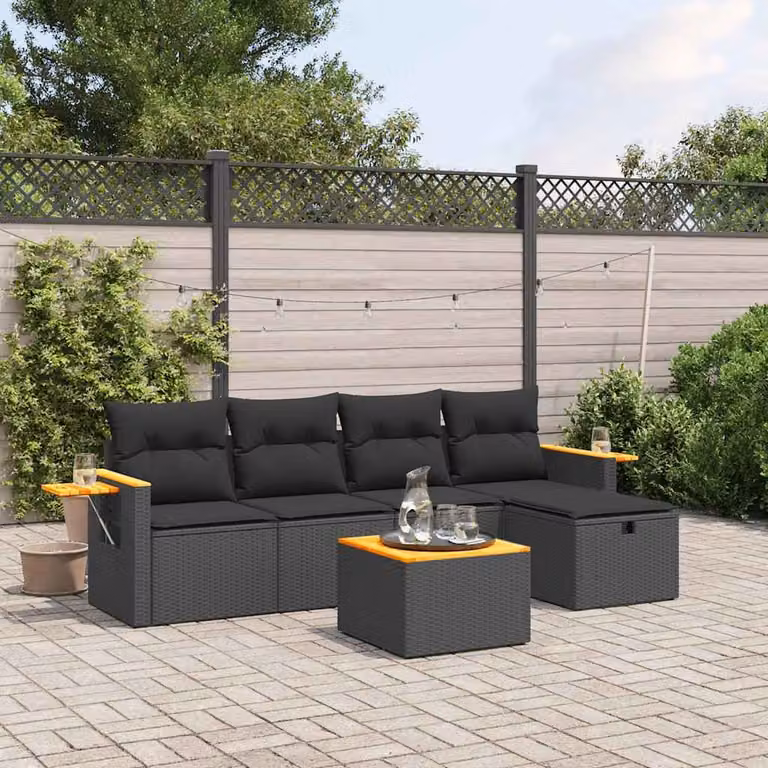 vidaXL Set Divano da Giardino a L 6 pz con Cuscini Nero in Polyrattan e Acciaio