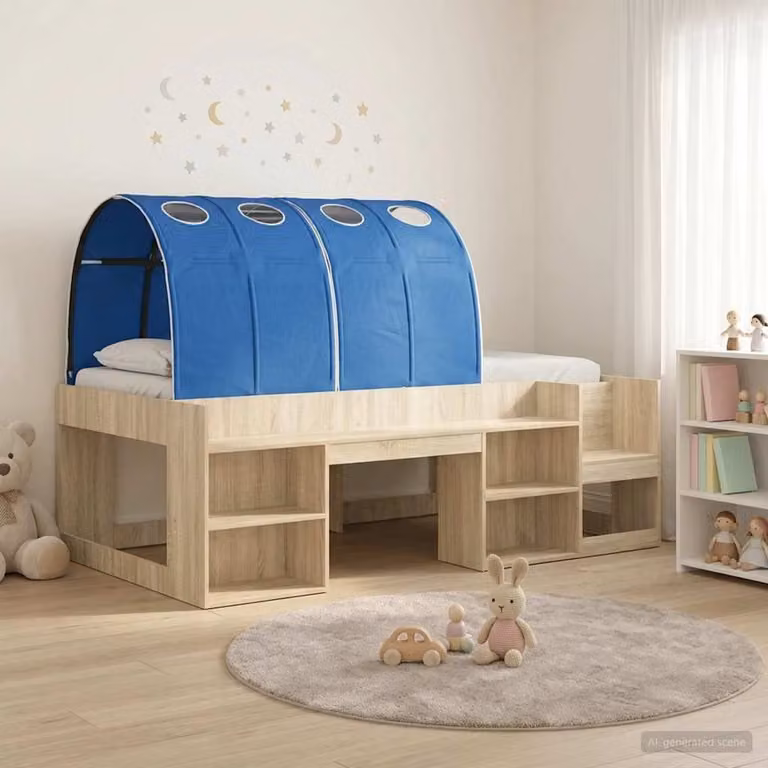 Letto per bambini con tunnel vidaXL in legno ingegnerizzato, Rovere e Blu, L/P/H: 200 x 100 x 127 cm