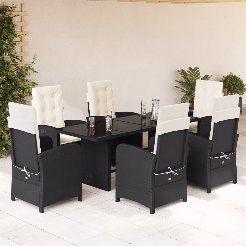 vidaXL Set da Pranzo da Giardino 7 pz in Polyrattan Nero con Cuscini e Tavolo in Vetro – 1