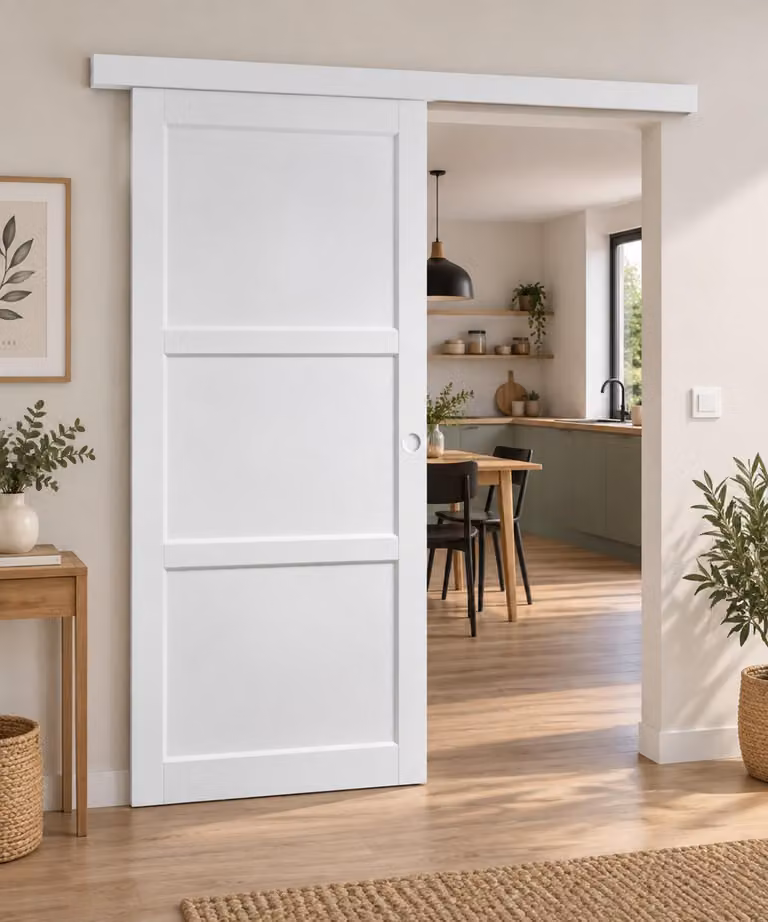 Porta scorrevole Korya bianca 3 ante H204 x L83 cm, binario in alluminio bianco, conchiglie bianche GD MENUISERIES