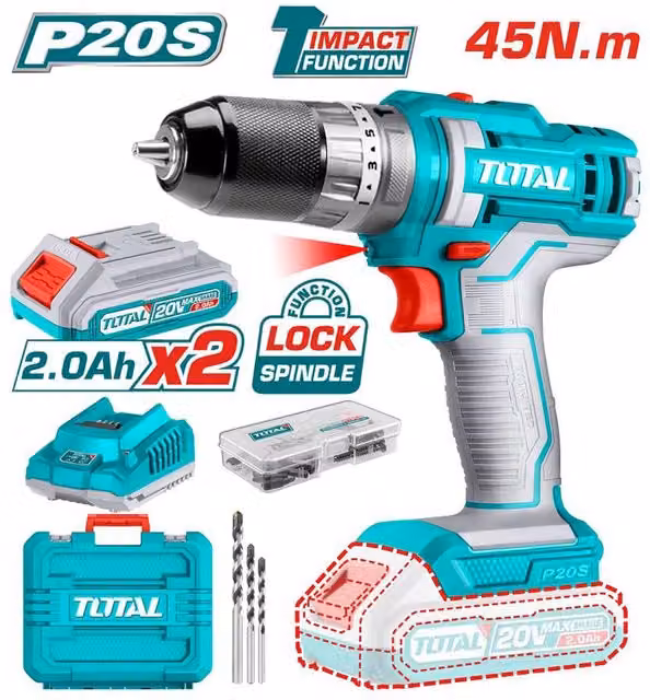 Trapano avvitatore a percussione Total con 2 batterie da 2Ah, 45Nm e 47 accessori, colore turchese – 1