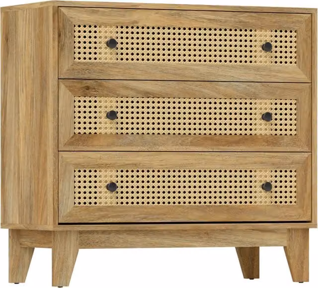 Cassettiera XYLO con 3 cassetti in legno chiaro e inserti in rotin naturale beige L 80 cm x P 35 cm x H 76 cm