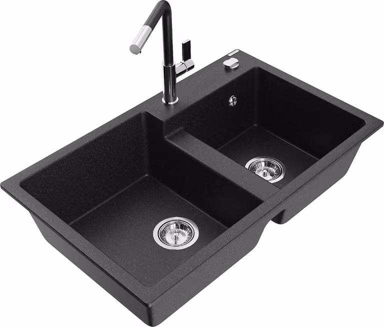 Mexen Tomas lavello da cucina in granito a 2 vasche con rubinetto Flora, nero/argento metallizzato - 6516-73-670401-07