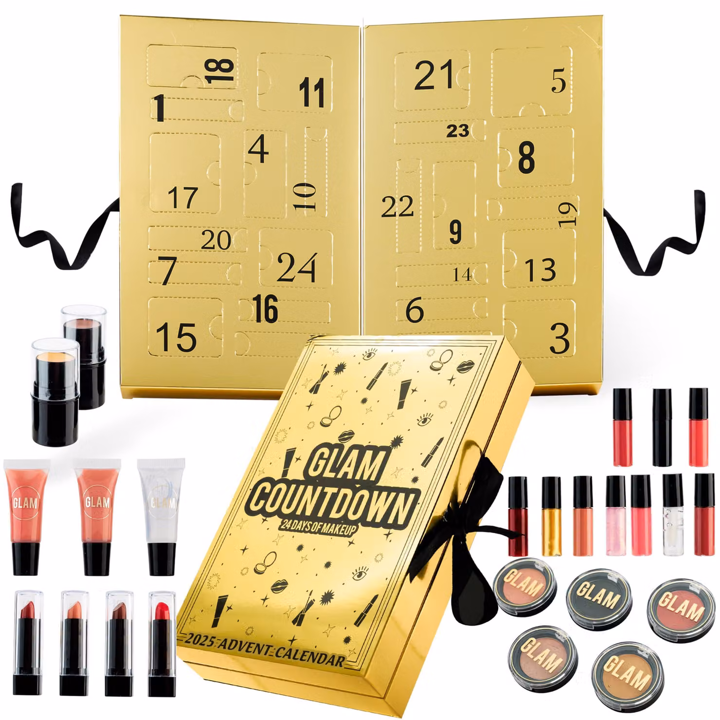 Calendario dell'Avvento 2025, set di bellezza per donne, 24 pezzi, color oro