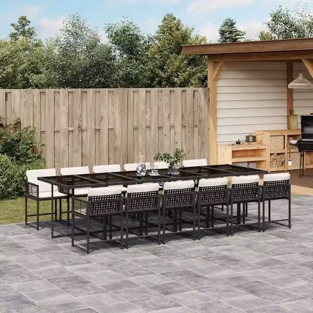 Set da Pranzo da Giardino vidaXL in Polyrattan Nero con Cuscini Bianchi e Tavolo in Vetro, 13 Pezzi – 1