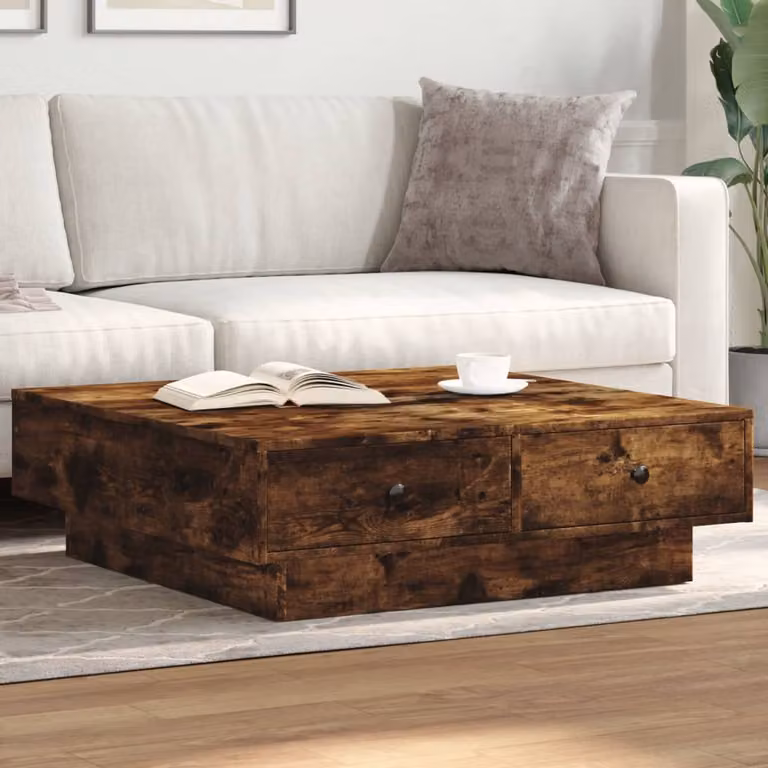 vidaXL Tavolino da Salotto Quadrato in Legno e Metallo, Rovere Fumo, L/P/H: 90 x 90 x 28 cm