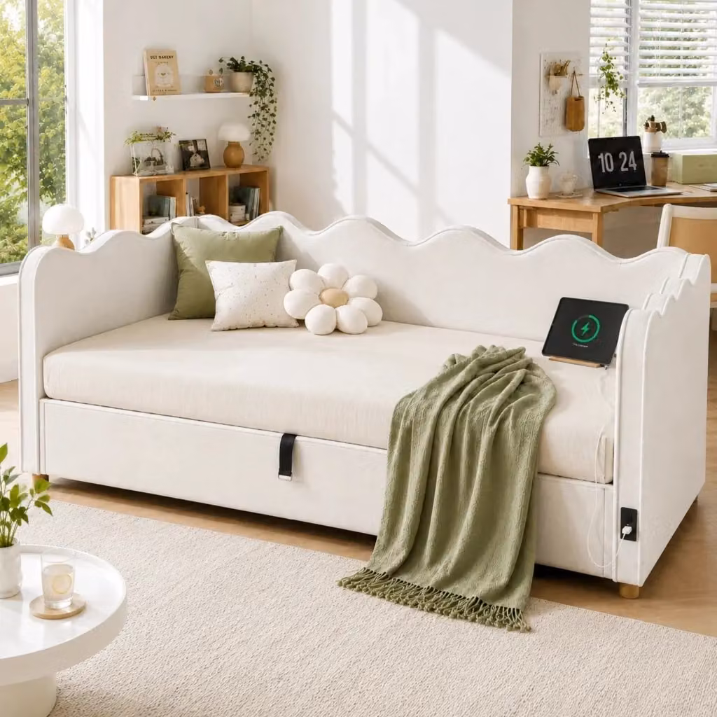 Letto imbottito WISHDOR con contenitore idraulico e porte USB, rivestimento in velluto beige, dimensioni 90 x 200 cm – 2