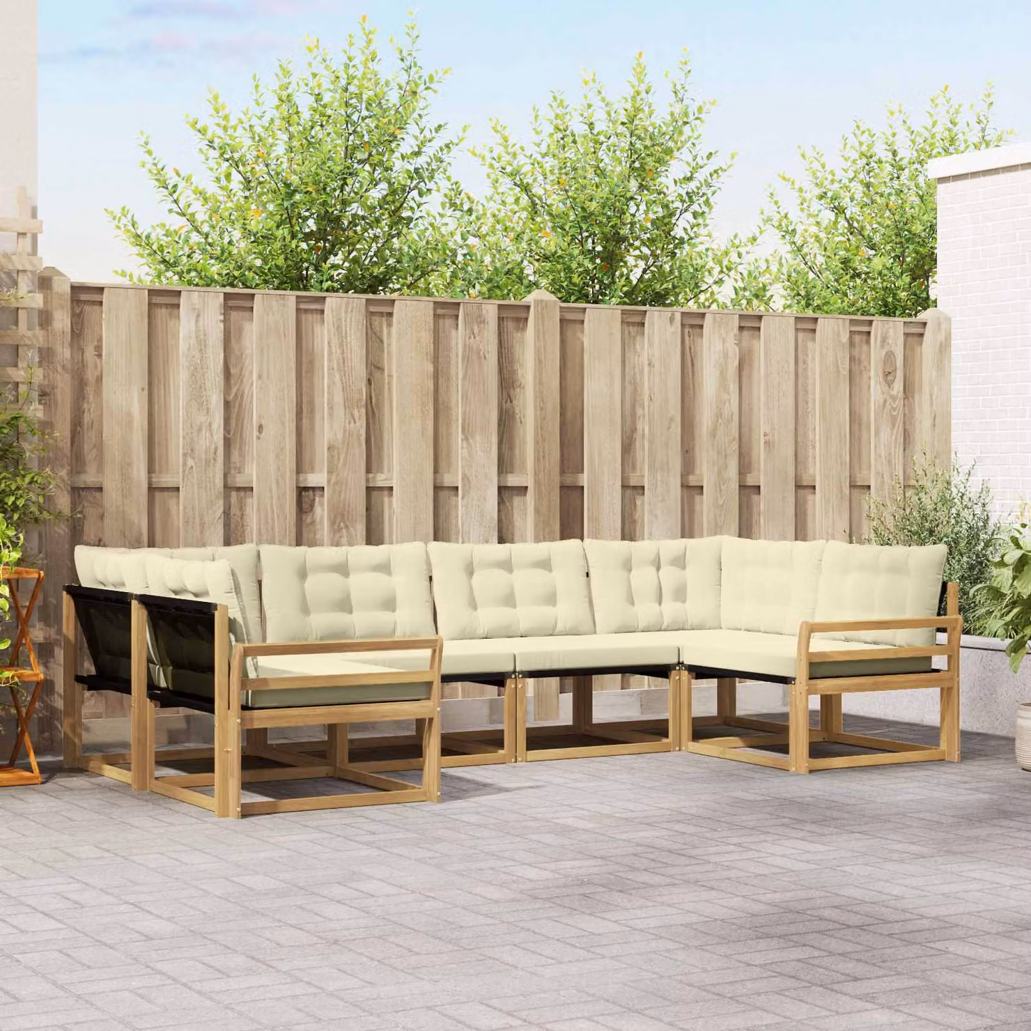 Set di divani da esterno vidaXL a forma di L composto da 6 pezzi in legno di acacia con tessuto textilene e cuscini, Bianco, Beige e Marrone