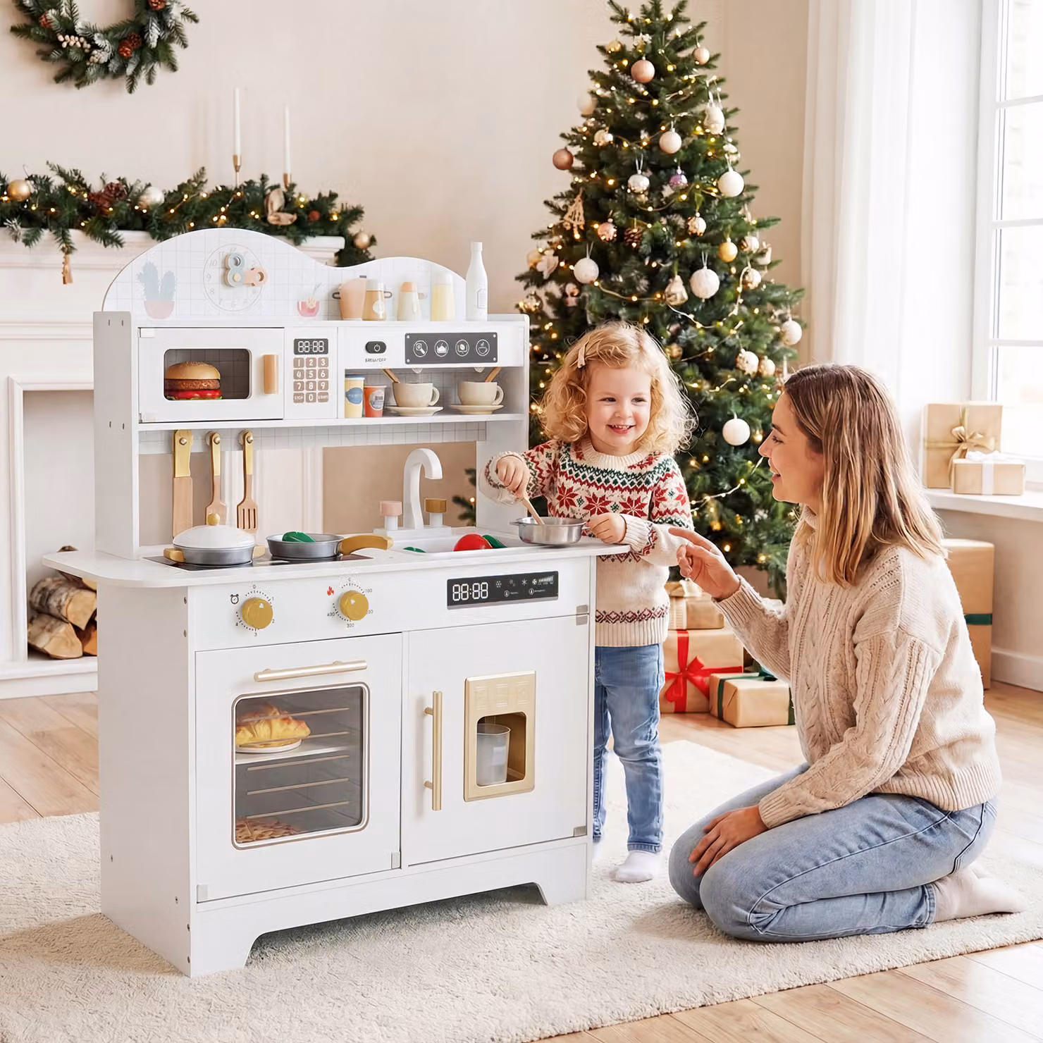Set cucina giocattolo per bambini Costway in legno con 17 accessori e fornello realistico, colore bianco