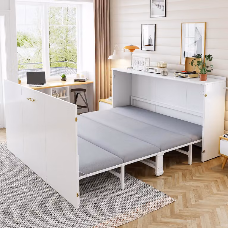 Letto a scomparsa MODFU 140 x 200 con materasso, letto a muro, letto ribaltabile con meccanismo a ribalta, letto matrimoniale con rotelle silenziose e struttura in metallo, bianco