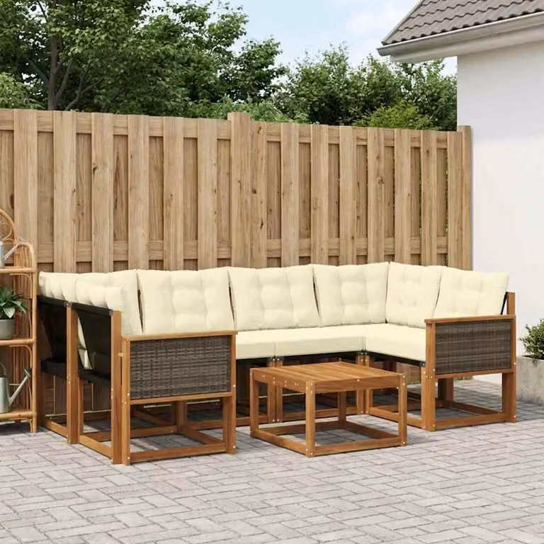 Set di divani da esterno vidaXL 7 pz in legno di acacia con tavolino e cuscini, colore beige e marrone