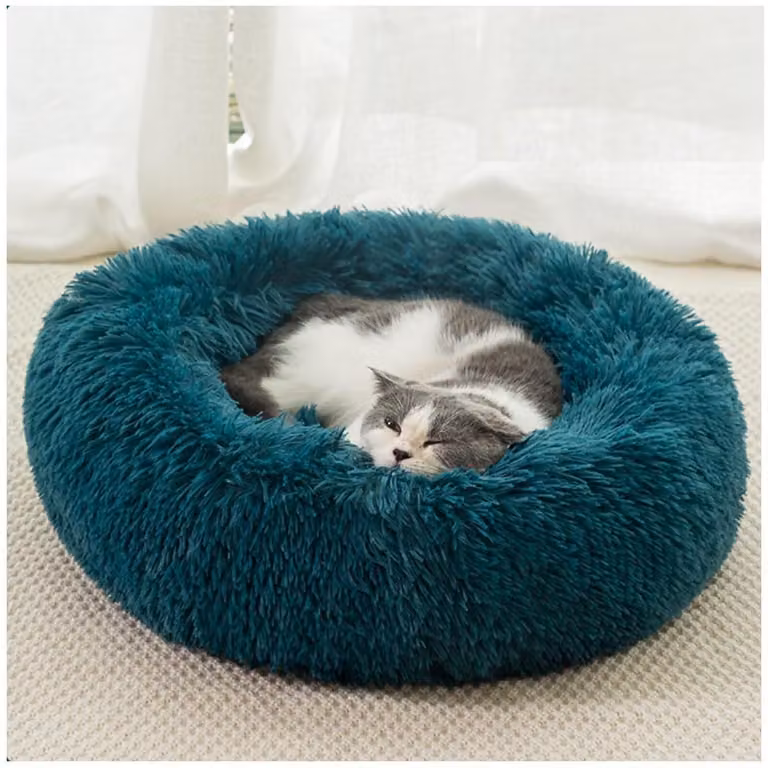 Cuccia a forma di ciambella per cani e gatti, lavabile, morbida e pelosa, colore ciano, dimensioni 110 cm