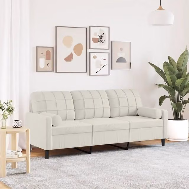 Divano a 3 Posti con Cuscini-Sofa 3 Posti con Cuscini Crema 180 cm in Velluto