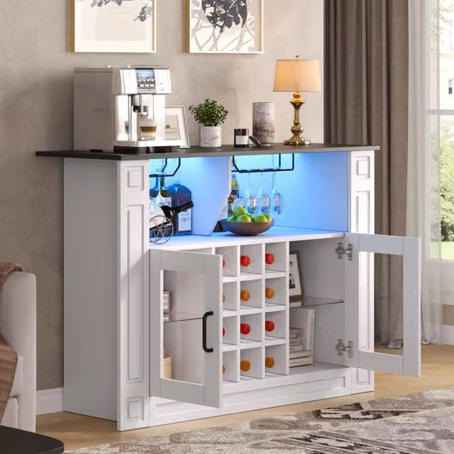 Mobile bar con portabicchieri nascosto; portabottiglie a 12 vani e LED RGB in MDF bianco 120 × 35 × 84 cm