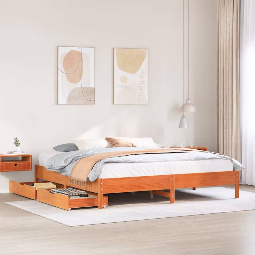 Letto in legno di pino rustico vidaXL, colore marrone cera, con doghe in legno, senza materasso, 200x200 cm – 1