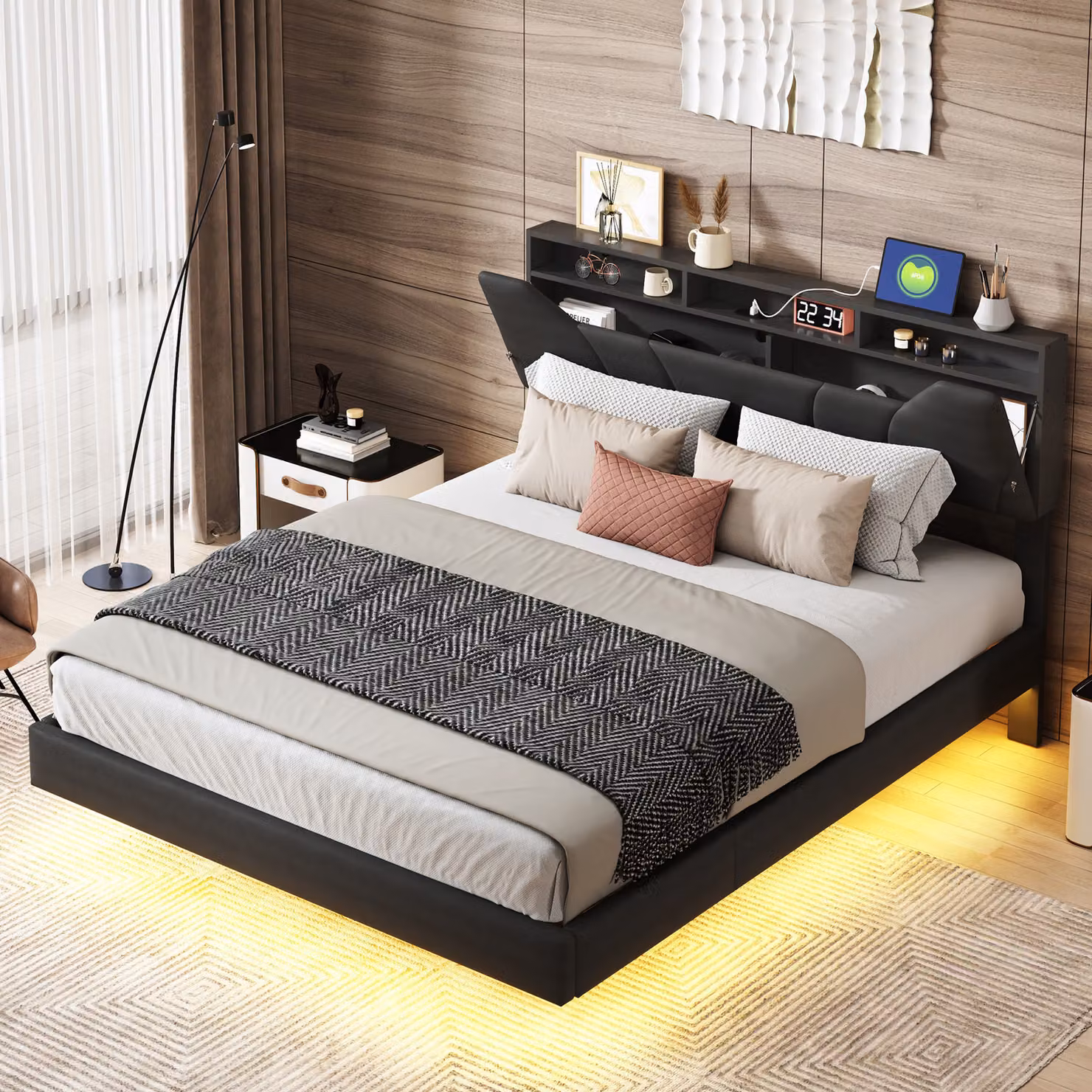 UnboxG Letto imbottito 160x200cm con USB e prese di corrente, letto a molle idrauliche con contenitore, letto matrimoniale con testata contenitore e LED/Tipo C, grigio PU