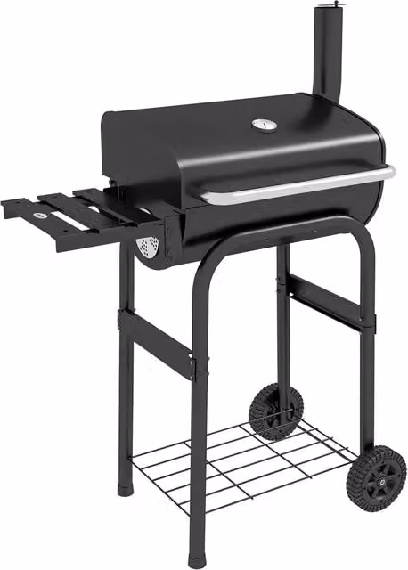 Barbecue a carbone Outsunny in metallo nero con coperchio dotato di termometro, carrello con ruote e ripiani per giardino